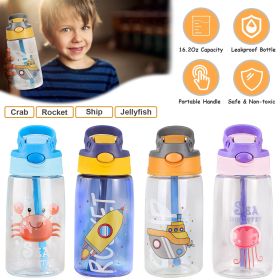 16.2Oz Leak-proof Kids Water Bottle with Straw Push Button Sport Water Bottle for Kids Crab Ship Jellyfish Rocket - Ship